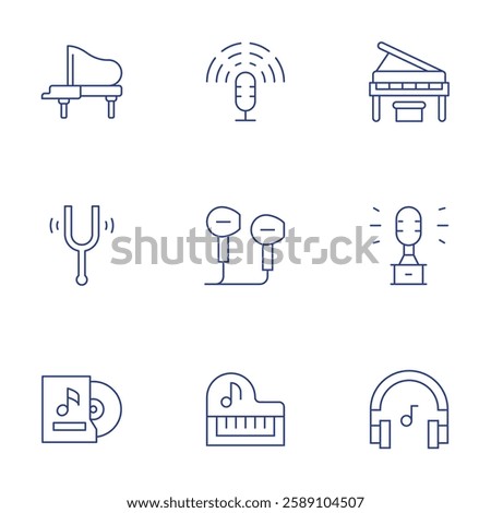 Music icons set. Thin Line style, editable stroke. grand piano, headphones, music, music album, award, piano, playing, tunning fork.