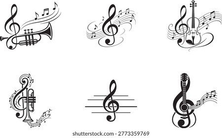 music icons set treble clef instruments notes violin guitar trumpet melody sound vector