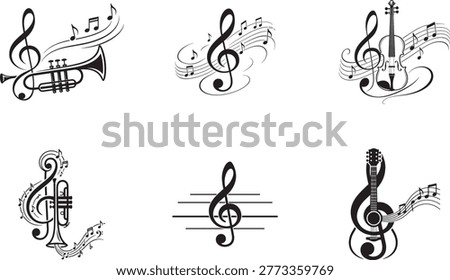 music icons set treble clef instruments notes violin guitar trumpet melody sound vector