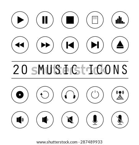 Music icons set of twenty black buttons on white background