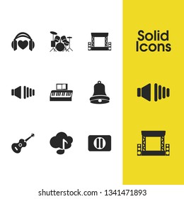 Music icons set with ukulele, low volume and pause button elements. Set of music icons and octave concept. Editable vector elements for logo app UI design.