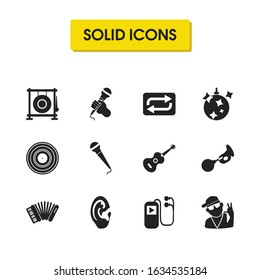 Music icons set with ukulele, repeat button and karaoke elements. Set of music icons and honk concept. Editable vector elements for logo app UI design.