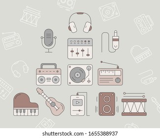 Music Icons set - Vector color symbols and outline of sound equipment for the site or interface