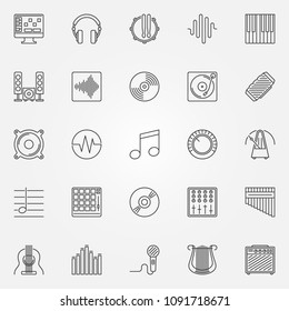 Music icons set - vector outline speaker, metronome, mixer, note, vinyl, equalizer, combo amplifier concept symbols