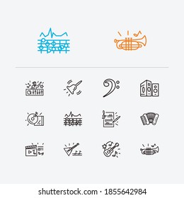 Music icons set. Video clip and music icons with accordion, ukulele and loudspeaker. Set of vintage for web app logo UI design.