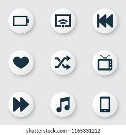 Music icons set with wifi, smartphone, fast forward and other television elements. Isolated vector illustration music icons.