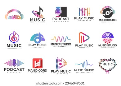 Music icons set.vector logos with musical notes and audio wave .music festival.Vector Illustration.