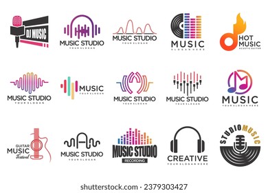 Music icons set.vector logos with musical notes and audio wave .music festival.Vector Illustration.