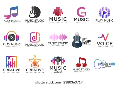 Music icons set.vector logos with musical notes and audio wave .music festival.Vector Illustration.