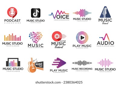 Music icons set.vector logos with musical notes and audio wave .music festival.Vector Illustration.