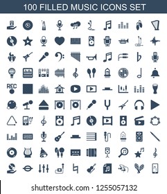 music icons. Trendy 100 music icons. Contain icons such as mobile phone music, maraca, earphones, memory card with music, violin, pause, microphone. icon for web and mobile.