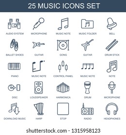 music icons. Trendy 25 music icons. Contain icons such as audio system, microphone, music note, folder, Bell, ballet shoes, guitar, gong. icon for web and mobile.