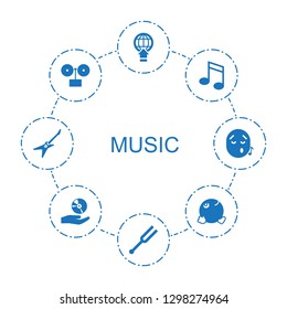 music icons. Trendy 8 music icons. Contain icons such as globe download, tonometer, music note, gramophone, dancing emoji, CD on hand, guitar, emoji listening music. icon for web and mobile.