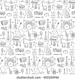 Music icons vector illustrations hand drawn doodle seamless background.  Musical instruments and symbols piano, guitar, drum set, gramophone, microphone, violin,  accordion, saxophone, headphones.