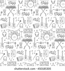 Music icons vector illustrations hand drawn doodle seamless background.  Musical instruments and symbols guitar, drum set, synthesizer, dj mixer, stereo, microphone,  accordion,saxophone, headphones.
