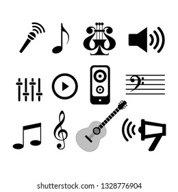 music icons vector set, guitar sign, treble clef icon, play, sound, note, microphone, lyre, staff