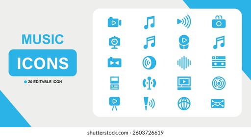 Music icons vector set musical notes camera video play button equalizer globe antenna editable icon design