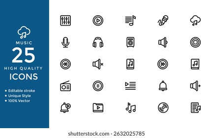 Music Icons – Vector Set of Musical Notes, Instruments, Sound, Vinyl and Audio Symbols