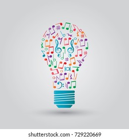 Music idea bulb created by colorful music notes and signs. Abstract musical idea icon. Vector illustration for music design. Isolated background. EPS.