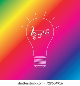 Music idea bulb with treble clef and music notes on rainbow background. Abstract musical idea icon. Vector illustration for music design. Isolated background. EPS.