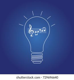Music idea bulb with treble clef and music notes on gradient blue background. Abstract musical idea icon. Vector illustration for music design. Isolated background. EPS.