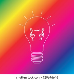 Music idea bulb with treble clef on rainbow background. Abstract musical idea icon. Vector illustration for music design. Isolated background. EPS.