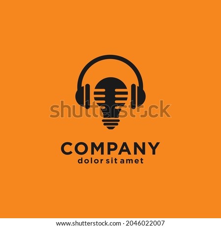 Music Idea Logo  Icon  Design Element Stock Vector.  Inspirational podcast logo concept light bulb and headset symbol creative talk illustration