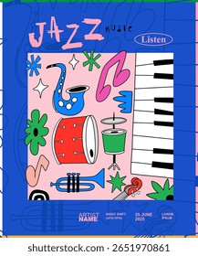Music illustration for jazz performance. Vinyl cover. Party event poster