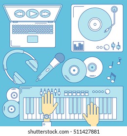 Music illustration, line design with turntable and keyboard