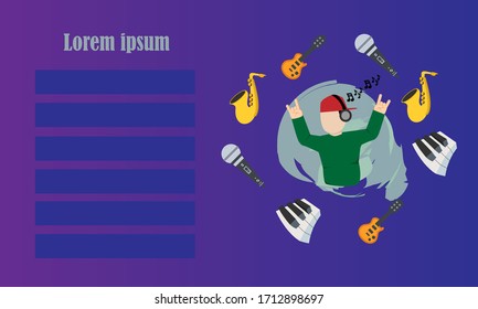 Music illustration, man wearing a headset with a music icon.
man listening to music using a headset