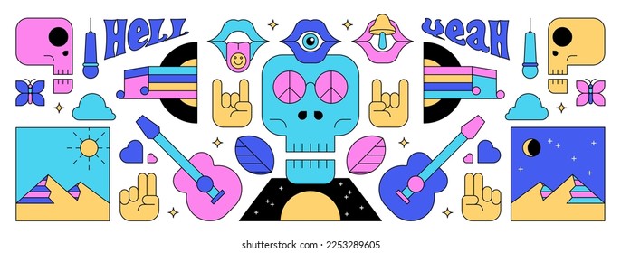 Music illustration in psychedelic style for digital or print. Vector assets, sticker, banner, or background