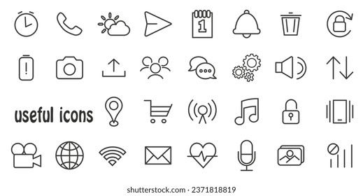 Music and image settings interface. Icons are always needed. Set of linear vector icons. EPS 10.