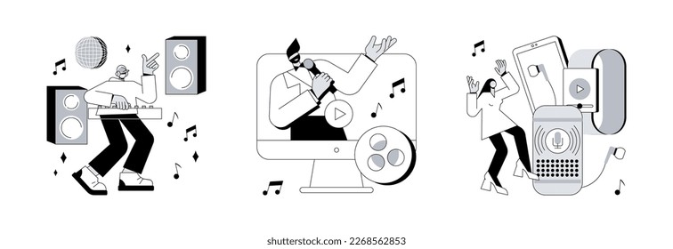 Music industry abstract concept vector illustration set. Electronic music, videoclip production, recorded audio broadcasting, internet streaming, night club party, rave culture abstract metaphor.