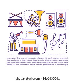 Music industry article page vector template. Festival, concert. Brochure, magazine, booklet design element with linear icons and text boxes. Print design. Concept illustrations with text space