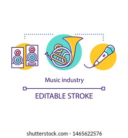 Music industry concept icon. Record company. Organization of concerts. Speakers, trumpet, microphone. Production center idea thin line illustration. Vector isolated outline drawing. Editable stroke