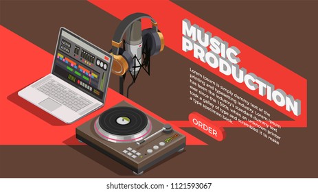 Music industry isometric background with music production symbols vector illustration