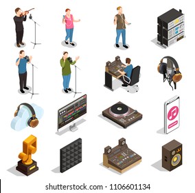 Music industry isometric icons set with recording studio symbols isolated vector illustration