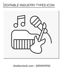  Icono de línea de la industria musical. Instrumentos musicales, banda de jazz. Escribiendo canciones y composiciones musicales. Concepto de negocio. Ilustración vectorial aislada. Trazo editable