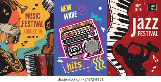 Music industry set posters colorful with jazz festival poster and invitation to listen to new wave hits vector illustration