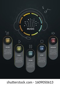  Music infographic concept, Vector illustration with 5 options, text box can be used for media, business, start up or education  