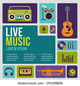 Music infographic and icon set of instruments and data, graphs, text