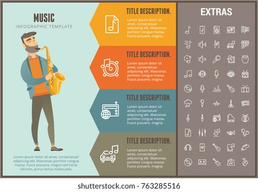 Music infographic options template, elements and icons. Infograph includes line icon set with musical instruments, music notes, microphone, smartphone with mobile app, vinyl record, equalizer etc.
