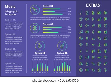 Plantilla de infografía musical, elementos e iconos. Infograph incluye gráficos personalizables, cuatro opciones, conjunto de iconos de línea con instrumentos musicales, notas musicales, micrófono, smartphone con aplicación móvil, etc.