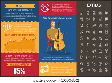 Music infographic template, elements and icons. Infograph includes customizable graphs, charts, line icon set with musical instruments, music notes, microphone, smartphone with mobile application etc.