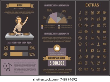 Music infographic template, elements and icons. Infograph includes customizable graphs, charts, line icon set with musical instruments, music notes, microphone, smartphone with mobile application etc.