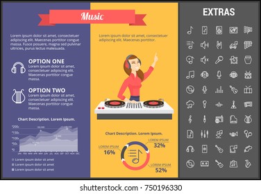 Plantilla de infografía musical, elementos e iconos. Infograph incluye gráficos personalizables, gráficos, gráficos, juegos de iconos de línea con instrumentos musicales, notas musicales, micrófono, smartphone con aplicación móvil, etc.