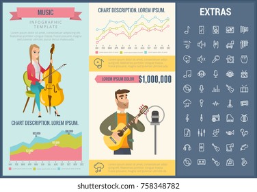 Music infographic template, elements and icons. Infograph includes customizable graphs, charts, line icon set with musical instruments, music notes, microphone, smartphone with mobile application etc.