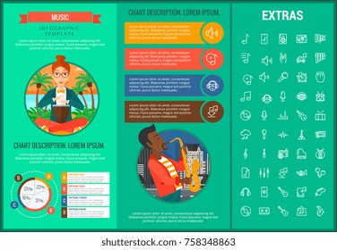 Music infographic template, elements and icons. Infograph includes customizable graphs, charts, line icon set with musical instruments, music notes, microphone, smartphone with mobile application etc.