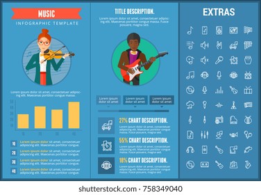 Music infographic template, elements and icons. Infograph includes customizable graphs, charts, line icon set with musical instruments, music notes, microphone, smartphone with mobile application etc.