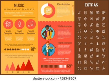 Music infographic template, elements and icons. Infograph includes customizable graphs, charts, line icon set with musical instruments, music notes, microphone, smartphone with mobile application etc.